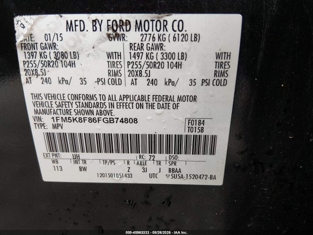 45963333 :رقم المزاد ، 1FM5K8F86FGB74808 vin ، 2015 Ford Explorer Limited مزاد بيع