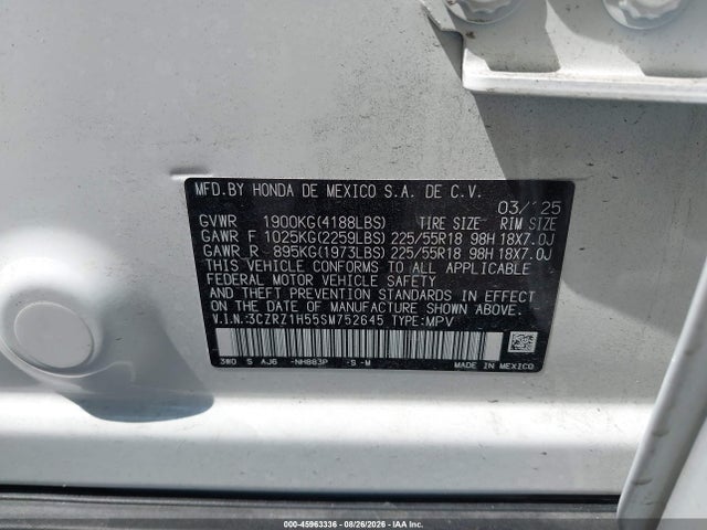 Продаж на аукціоні авто 2025 Honda Hr-v 2wd Sport, vin: 3CZRZ1H55SM752645, номер лоту: 45963336