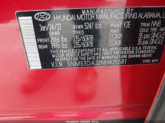 2022 Hyundai Santa Fe Sel მანქანა იყიდება აუქციონზე, vin: 5NMS3DAJ2NH425581, აუქციონის ნომერი: 45963348