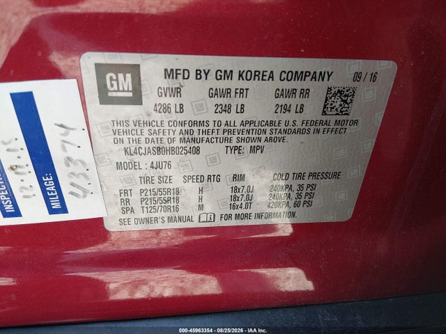 Aukcja sprzedaży 2017 Buick Encore Preferred, vin: KL4CJASB0HB025408, numer aukcji: 45963354