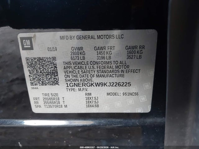 Aukcja sprzedaży 2019 Chevrolet Traverse 1lt, vin: 1GNERGKW9KJ226225, numer aukcji: 45963357