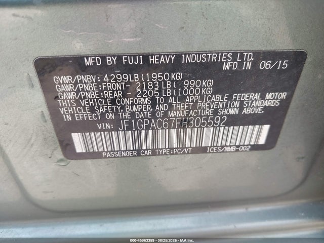 2015 Subaru Impreza 2.0i Premium მანქანა იყიდება აუქციონზე, vin: JF1GPAC67FH305592, აუქციონის ნომერი: 45963359