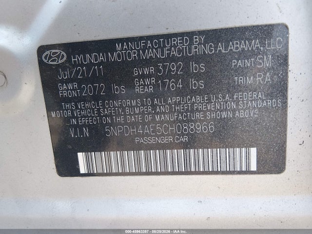 45963397 :رقم المزاد ، 5NPDH4AE5CH088966 vin ، 2012 Hyundai Elantra Gls مزاد بيع
