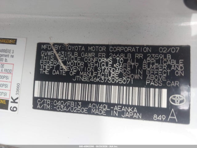Aukcja sprzedaży 2007 Toyota Camry Le, vin: JTNBE46K373095071, numer aukcji: 45963398