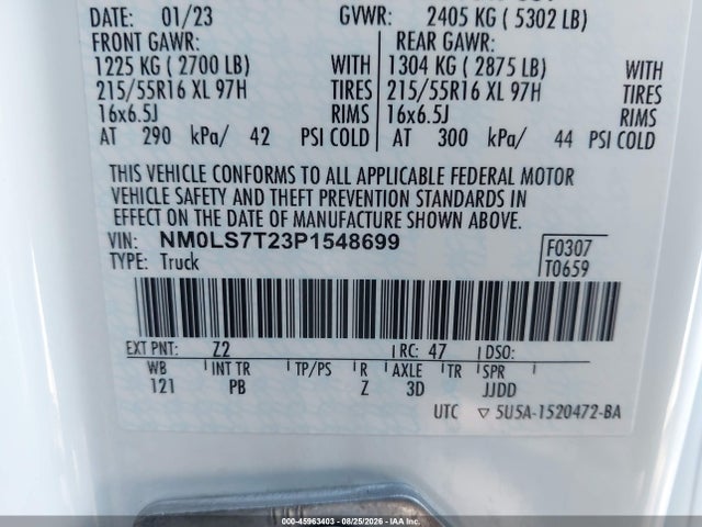 45963403 :رقم المزاد ، NM0LS7T23P1548699 vin ، 2023 Ford Transit Connect Xlt مزاد بيع