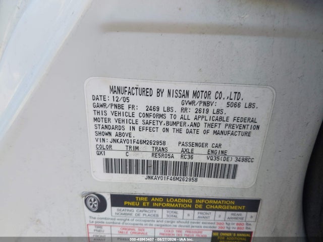 Aukcja sprzedaży 2006 Infiniti M35x, vin: JNKAY01F46M262958, numer aukcji: 45963407