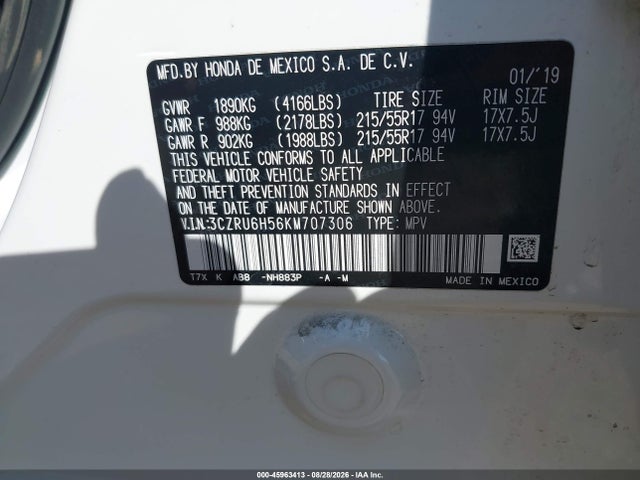 45963413 :رقم المزاد ، 3CZRU6H56KM707306 vin ، 2019 Honda Hr-v Ex مزاد بيع