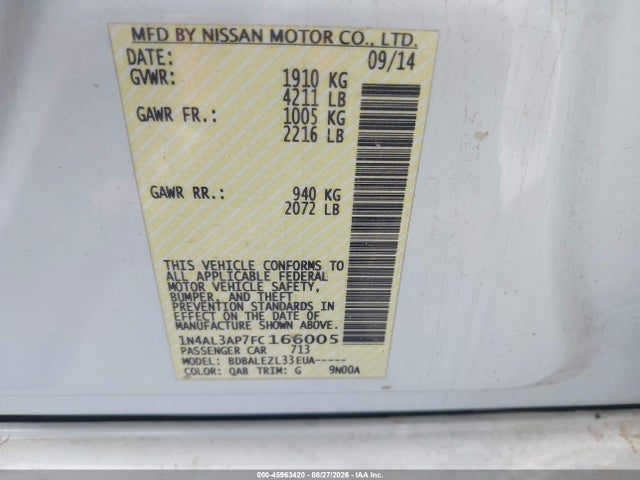 45963420 :رقم المزاد ، 1N4AL3AP7FC166005 vin ، 2015 Nissan Altima 2.5/2.5 S/2.5 Sl/2.5 Sv مزاد بيع