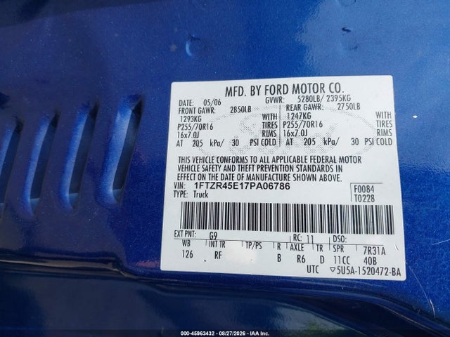 45963432 :رقم المزاد ، 1FTZR45E17PA06786 vin ، 2007 Ford Ranger Fx4 Level Ii/fx4 Off-road/sport/xlt مزاد بيع