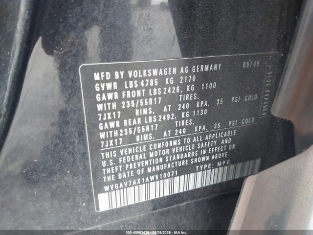 45963436 :رقم المزاد ، WVGAV7AX1AW510071 vin ، 2010 Volkswagen Tiguan Se مزاد بيع