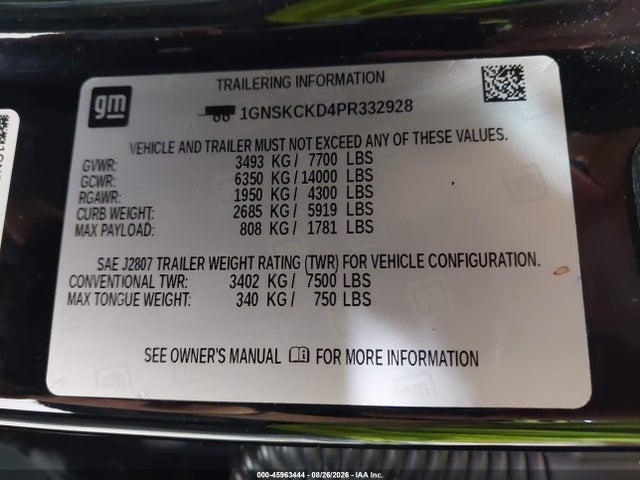 2023 Chevrolet Suburban 4wd Lt მანქანა იყიდება აუქციონზე, vin: 1GNSKCKD4PR332928, აუქციონის ნომერი: 45963444