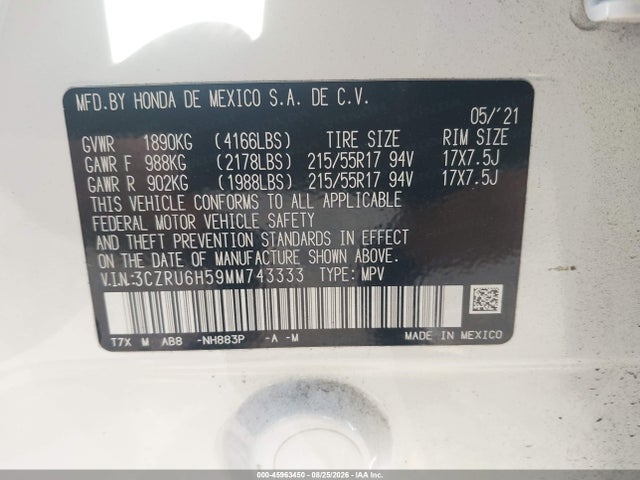Продаж на аукціоні авто 2021 Honda Hr-v Awd Ex, vin: 3CZRU6H59MM743333, номер лоту: 45963450