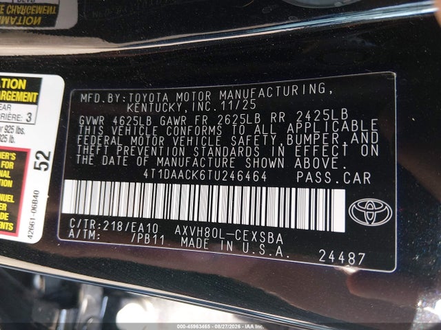 45963465 :رقم المزاد ، 4T1DAACK6TU246464 vin ، 2026 Toyota Camry Se مزاد بيع