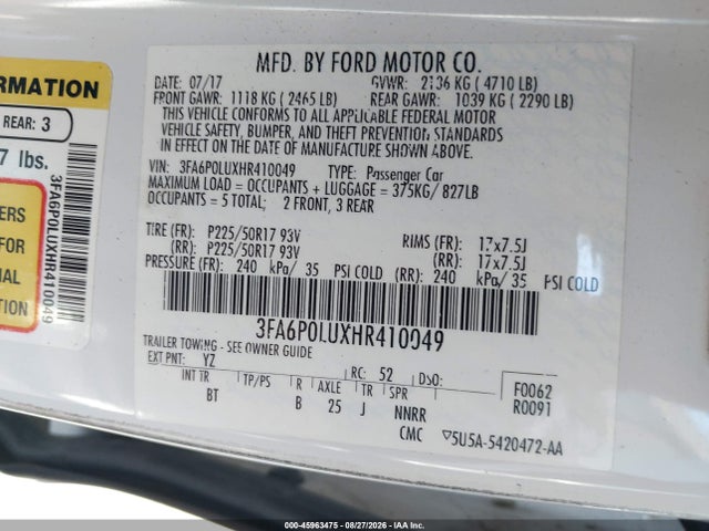 45963475 :رقم المزاد ، 3FA6P0LUXHR410049 vin ، 2017 Ford Fusion Hybrid Se مزاد بيع