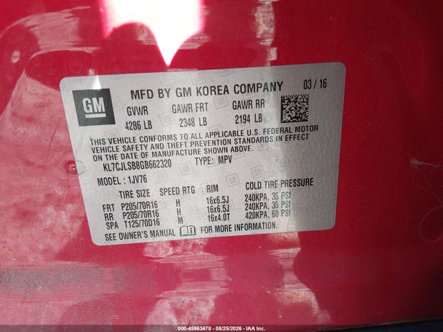 Продаж на аукціоні авто 2016 Chevrolet Trax Lt, vin: KL7CJLSB8GB662320, номер лоту: 45963478