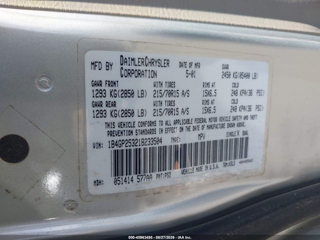 Продажа на аукционе авто 2001 Dodge Caravan Se, vin: 1B4GP25321B233504, номер лота: 45963495