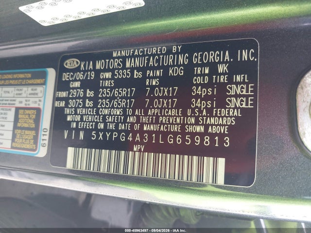 Aukcja sprzedaży 2020 Kia Sorento 2.4l Lx, vin: 5XYPG4A31LG659813, numer aukcji: 45963497