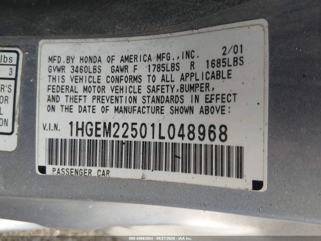 Auction sale of the 2001 Honda Civic Lx, vin: 1HGEM22501L048968, lot number: 45963504