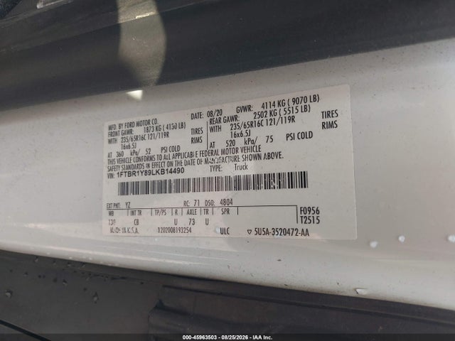 Продаж на аукціоні авто 2020 Ford Transit-250, vin: 1FTBR1Y89LKB14490, номер лоту: 45963503