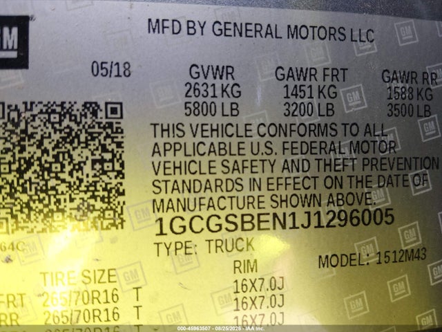 Aukcja sprzedaży 2018 Chevrolet Colorado Wt, vin: 1GCGSBEN1J1296005, numer aukcji: 45963507
