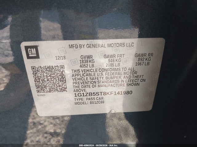 Aukcja sprzedaży 2019 Chevrolet Malibu 1ls, vin: 1G1ZB5ST8KF141980, numer aukcji: 45963524