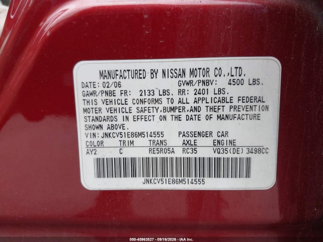Aukcja sprzedaży 2006 Infiniti G35, vin: JNKCV51E86M514555, numer aukcji: 45963527