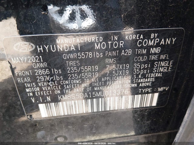 2021 Hyundai Santa Fe Hybrid Limited მანქანა იყიდება აუქციონზე, vin: KM8S5DA15MU013376, აუქციონის ნომერი: 45963528