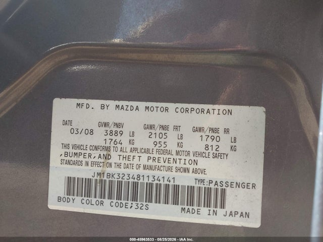Aukcja sprzedaży 2008 Mazda 3 S, vin: JM1BK323481134141, numer aukcji: 45963533