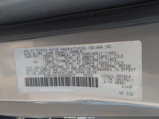 Продаж на аукціоні авто 2004 Toyota Tundra Sr5 V8, vin: 5TBDT44144S445615, номер лоту: 45963535