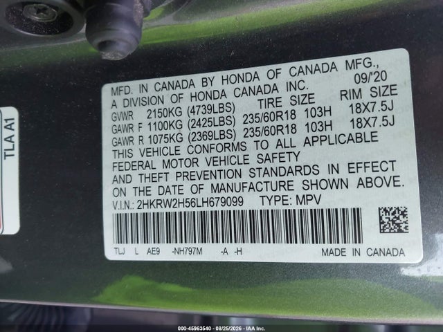 Продаж на аукціоні авто 2020 Honda Cr-v Awd Ex, vin: 2HKRW2H56LH679099, номер лоту: 45963540