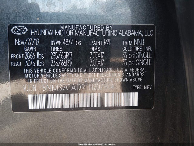 2020 Hyundai Santa Fe Se მანქანა იყიდება აუქციონზე, vin: 5NMS2CAD9LH207304, აუქციონის ნომერი: 45963544