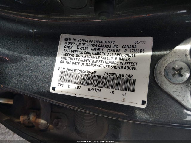 45963557 :رقم المزاد ، 2HGFB2F94CH507345 vin ، 2012 Honda Civic Ex-l مزاد بيع
