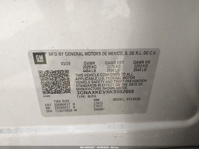 Aukcja sprzedaży 2019 Chevrolet Equinox Lt, vin: 3GNAXKEVXKS592655, numer aukcji: 45963567