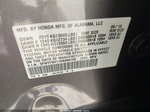 45963571 :رقم المزاد ، 5FNYF5H11KB006745 vin ، 2019 Honda Pilot Lx مزاد بيع