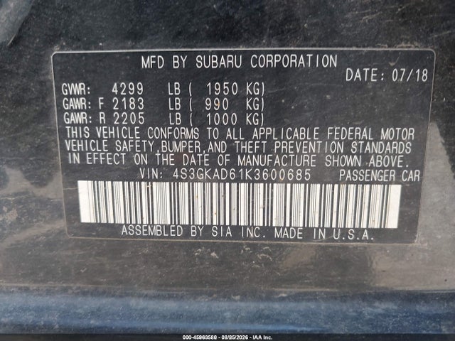 Aukcja sprzedaży 2019 Subaru Impreza 2.0i Premium, vin: 4S3GKAD61K3600685, numer aukcji: 45963580