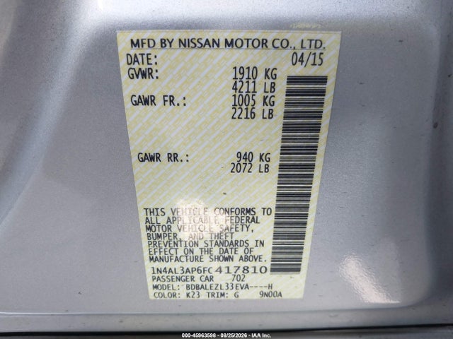 Nissan Altima 2.5 S 2015 1N4AL3AP6FC417810 Image 9