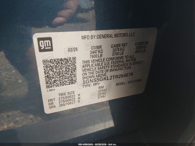 45963600 :رقم المزاد ، 1GNS5GKL2TR264676 vin ، 2026 Chevrolet Suburban High Country, Rwd مزاد بيع