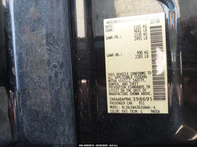 45963616 :رقم المزاد ، 1N4AA6AP9HC398695 vin ، 2017 Nissan Maxima 3.5 Sl مزاد بيع