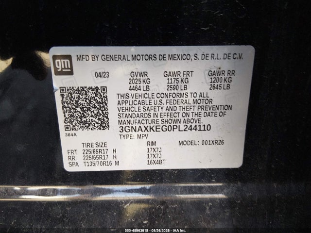 Aukcja sprzedaży 2023 Chevrolet Equinox Fwd Lt, vin: 3GNAXKEG0PL244110, numer aukcji: 45963618