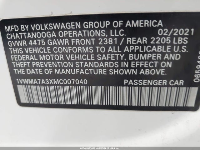 Aukcja sprzedaży 2021 Volkswagen Passat 2.0t R-line, vin: 1VWMA7A3XMC007040, numer aukcji: 45963632
