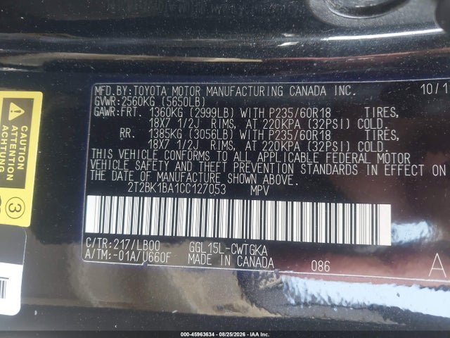 45963634 :رقم المزاد ، 2T2BK1BA1CC127053 vin ، 2012 Lexus Rx 350 مزاد بيع
