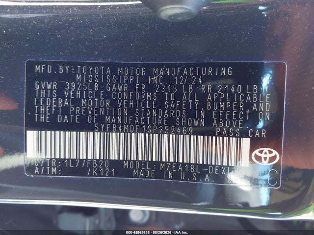 Продажа на аукционе авто 2025 Toyota Corolla Le, vin: 5YFB4MDE1SP252469, номер лота: 45963638