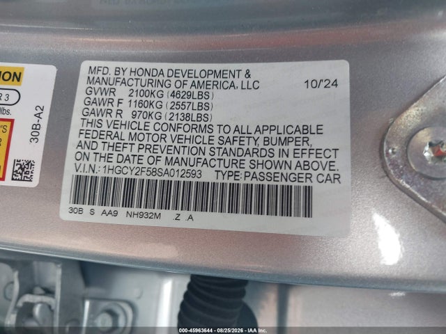 Aukcja sprzedaży 2025 Honda Accord Hybrid Sport, vin: 1HGCY2F58SA012593, numer aukcji: 45963644