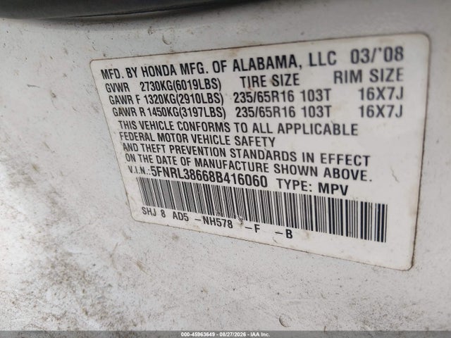 45963649 :رقم المزاد ، 5FNRL38668B416060 vin ، 2008 Honda Odyssey Ex-l مزاد بيع