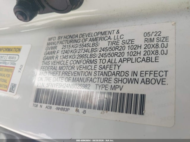 2022 Honda Pilot 2wd Special Edition მანქანა იყიდება აუქციონზე, vin: 5FNYF5H24NB025982, აუქციონის ნომერი: 45963654