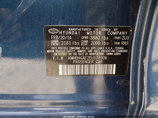 2014 Hyundai Elantra Se მანქანა იყიდება აუქციონზე, vin: KMHDH4AE2EU138906, აუქციონის ნომერი: 45963657