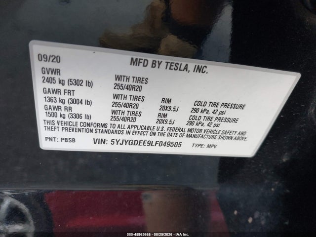 Aukcja sprzedaży 2020 Tesla Model Y Long Range Dual Motor All-wheel Drive, vin: 5YJYGDEE9LF049505, numer aukcji: 45963666