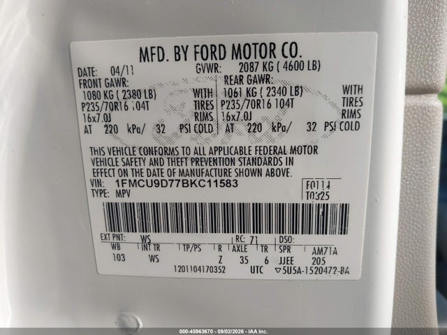 Aukcja sprzedaży 2011 Ford Escape Xlt, vin: 1FMCU9D77BKC11583, numer aukcji: 45963670