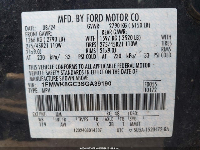 Aukcja sprzedaży 2025 Ford Explorer St, vin: 1FMWK8GC3SGA39190, numer aukcji: 45963677
