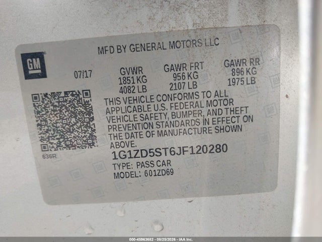 Aukcja sprzedaży 2018 Chevrolet Malibu Lt, vin: 1G1ZD5ST6JF120280, numer aukcji: 45963682